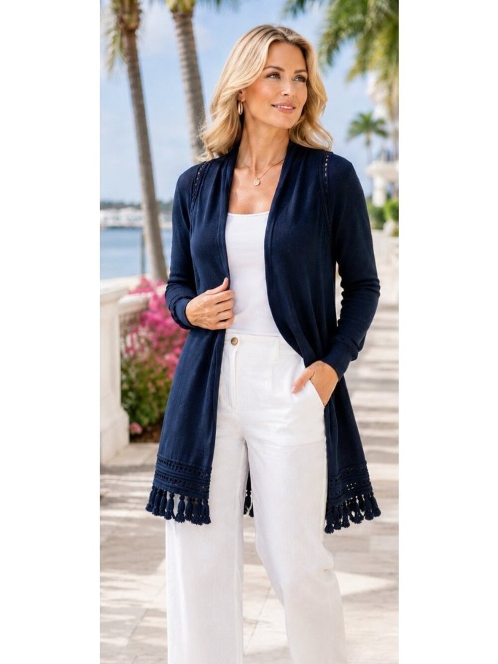 Lilly Pulitzer Tatum Navy Long Fringe Hem Cardigan Open Front SZ Medium Preppy